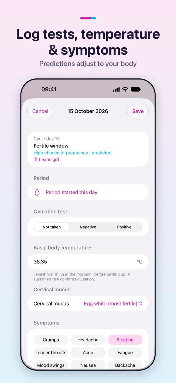 Logging an ovulation test, basal body temperature, cervical mucus and symptoms