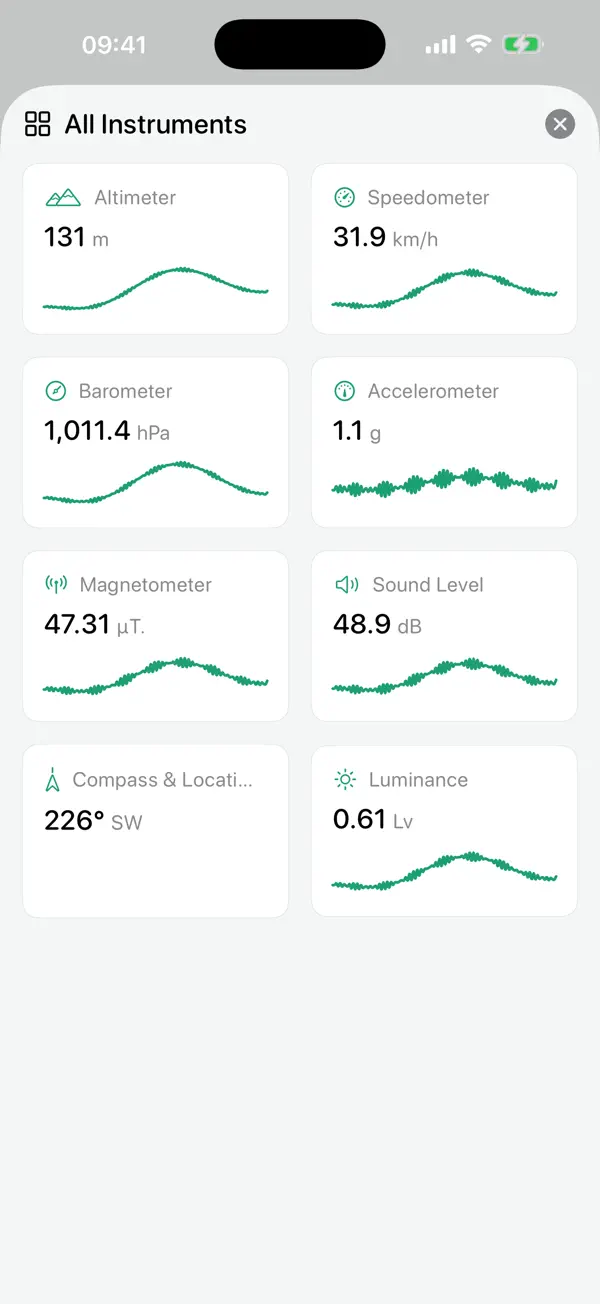 All of Gauges’ instruments on one screen: altimeter, speedometer, barometer, accelerometer, magnetometer, sound level, compass and light