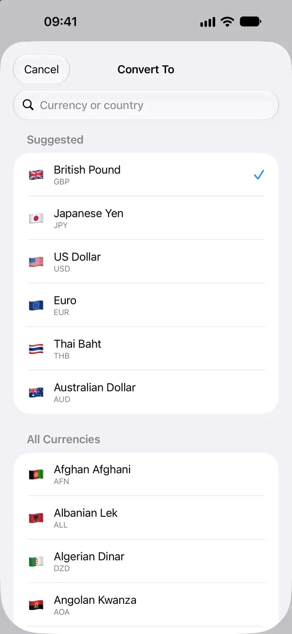 Choosing a currency from suggestions or by searching for a currency or country