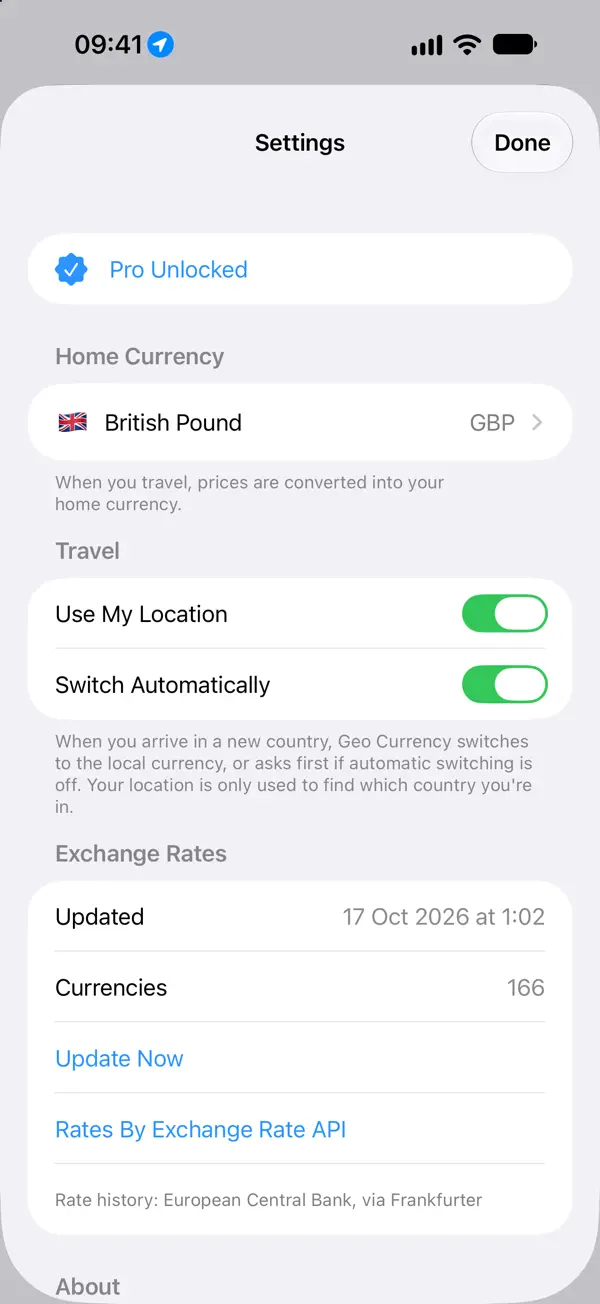 Geo Currency settings: home currency, travel mode and exchange rate updates