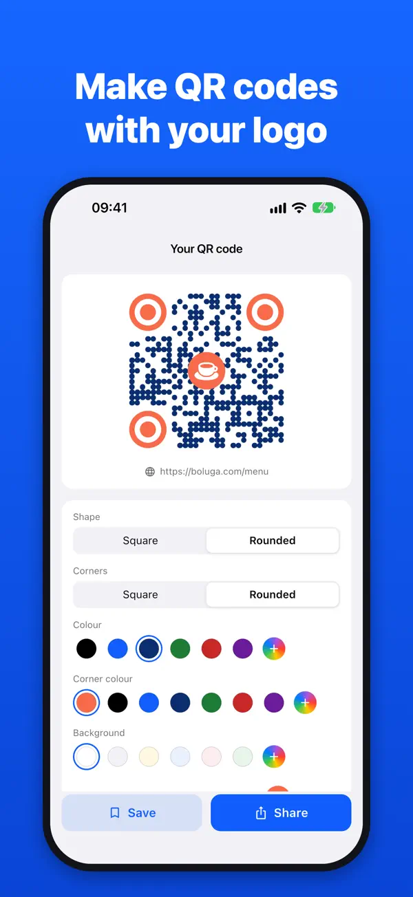 Designing a QR code with a logo, rounded corners and custom colours