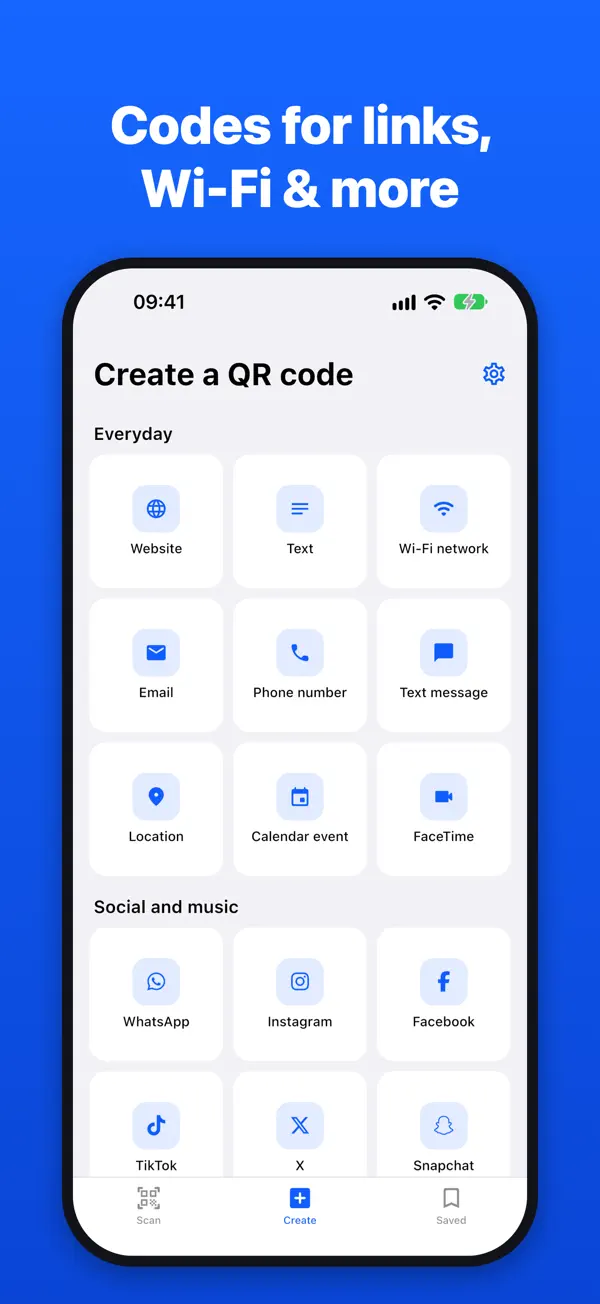Choosing a QR code type: website, text, Wi-Fi, email, location, calendar event, social and messaging apps