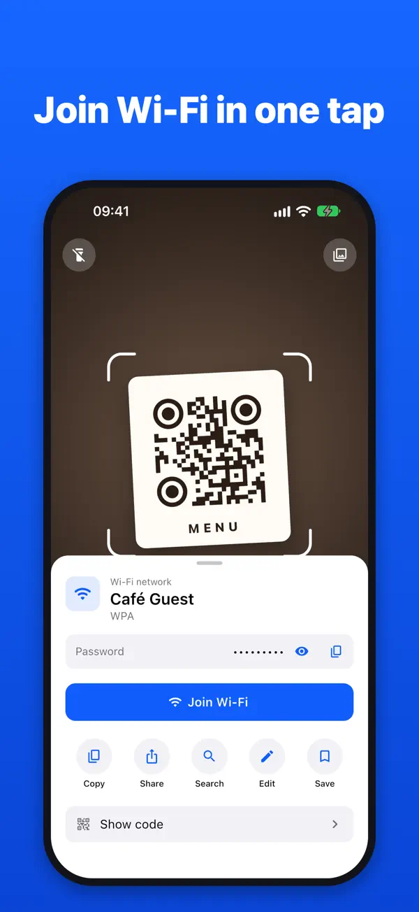 Scanning a Wi-Fi QR code and joining the network in one tap