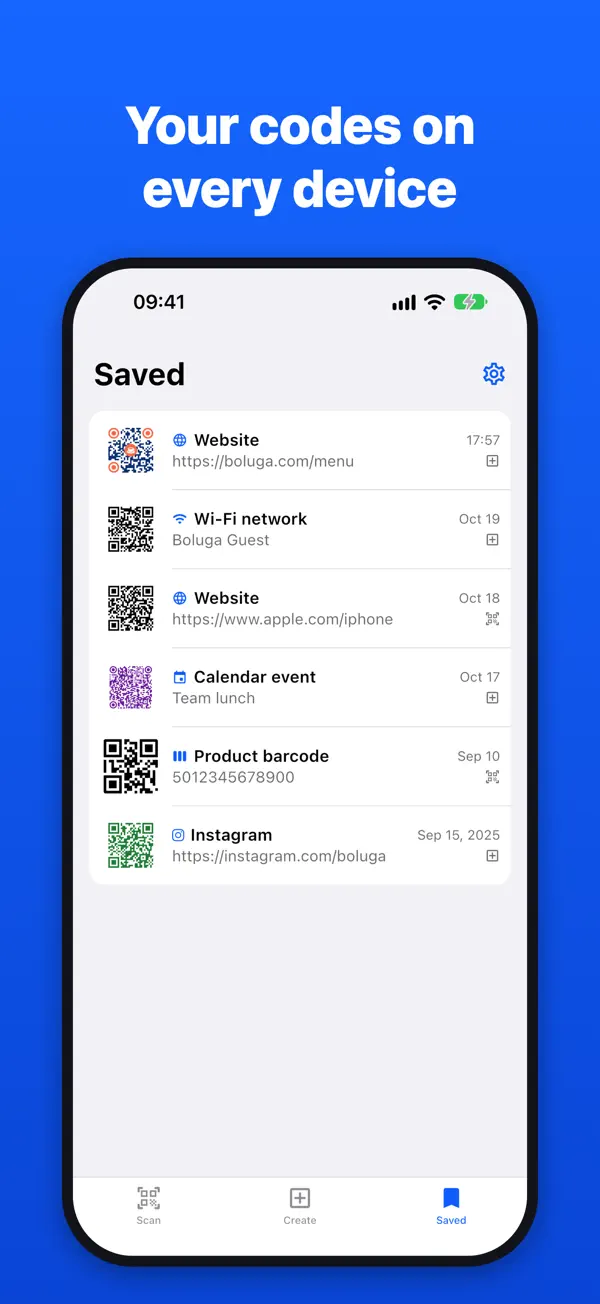 Saved QR codes and barcodes, available on all your devices