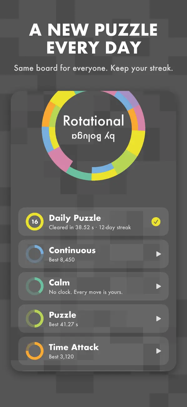 Rotational’s game modes: Daily Puzzle, Continuous, Calm, Puzzle and Time Attack