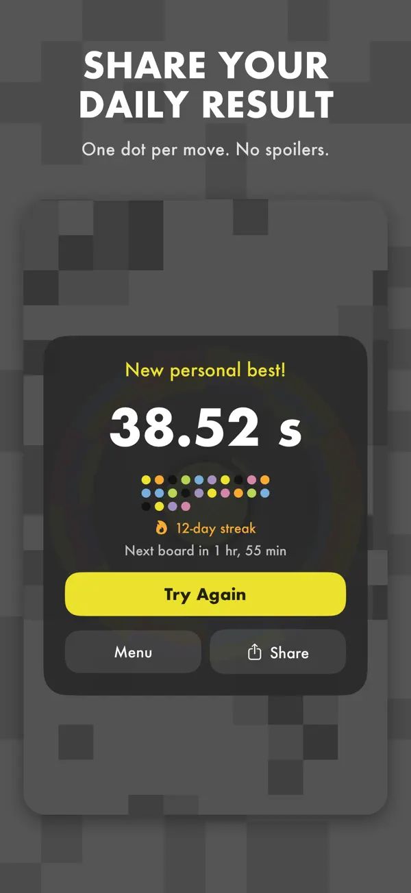 A Daily Puzzle result with the time, streak and a shareable row of coloured dots