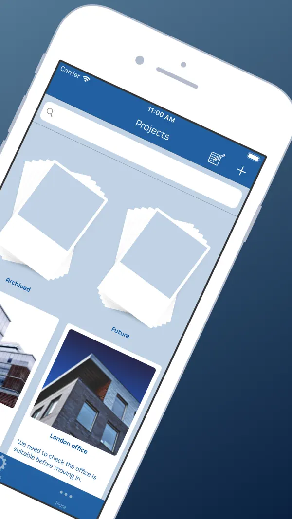 Snag List projects shown as stacks of site photos on an iPhone