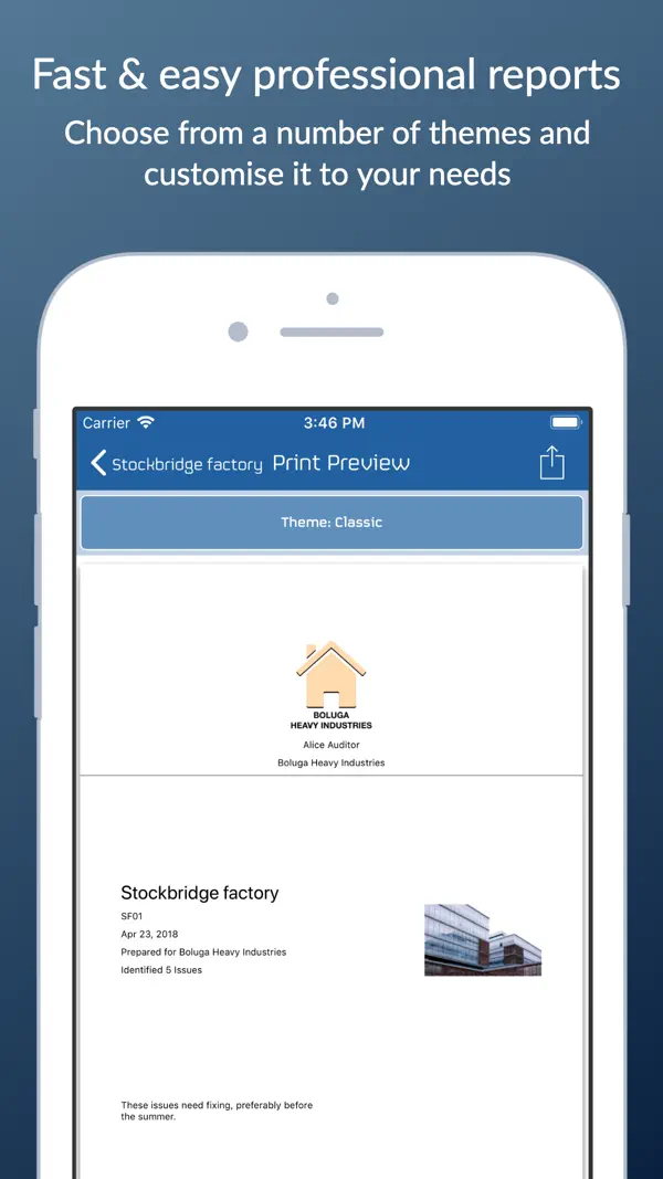 Print preview of a Snag List PDF report with a company logo on the cover
