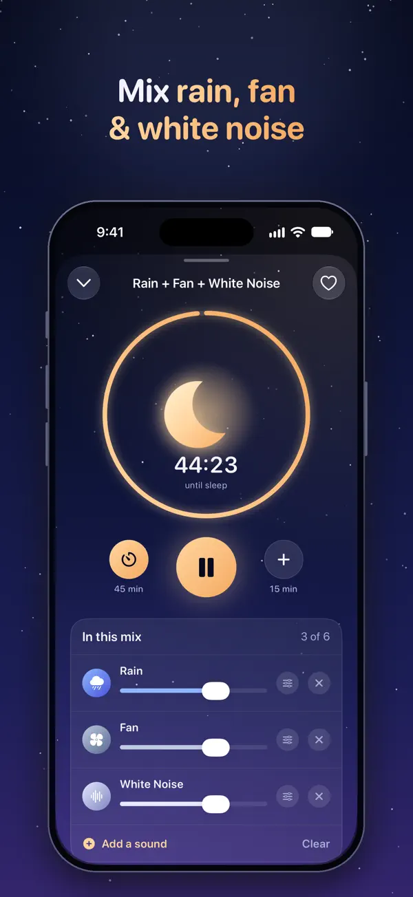 Mixing rain, fan and white noise, with a countdown until the sound fades