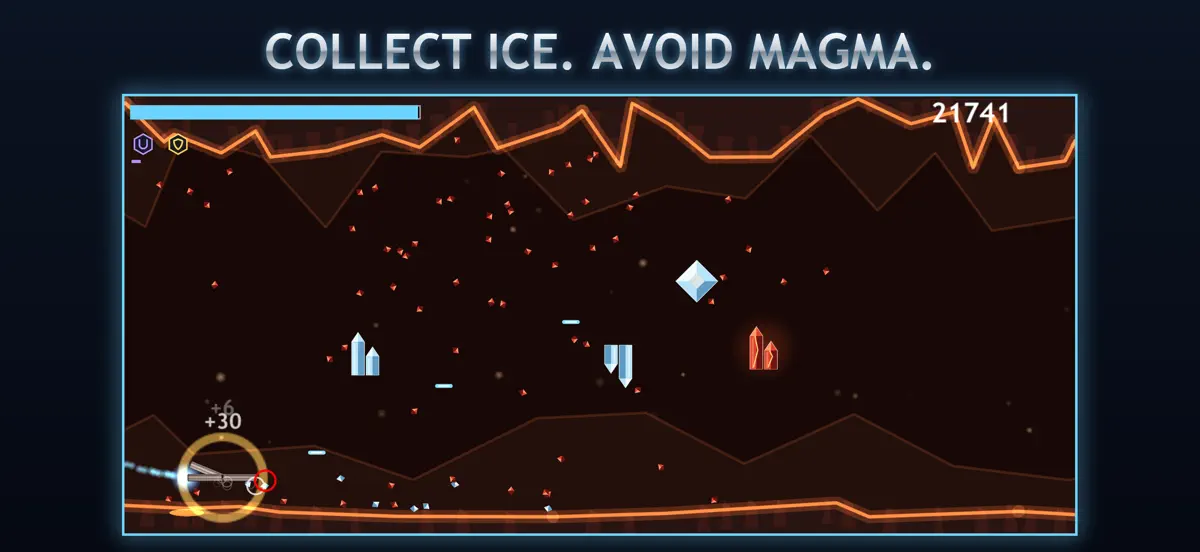 Collecting ice shards and avoiding magma in a lava rift